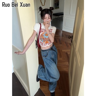 RUO BEI XUAN เสื้อยืดสตรีพิมพ์ลายย้อนยุคสไตล์เกาหลีฤดูร้อนใหม่เอวสูงสะดือแขนสั้นแขนสั้น