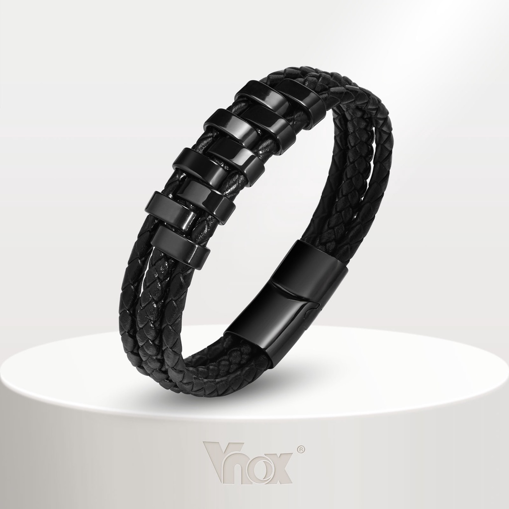 Vnox สร้อยข้อมือหนังแท้ สามชั้น ประดับลูกปัดสเตนเลส ลําลอง สีดํา เครื่องประดับแฟชั่น สําหรับผู้ชาย