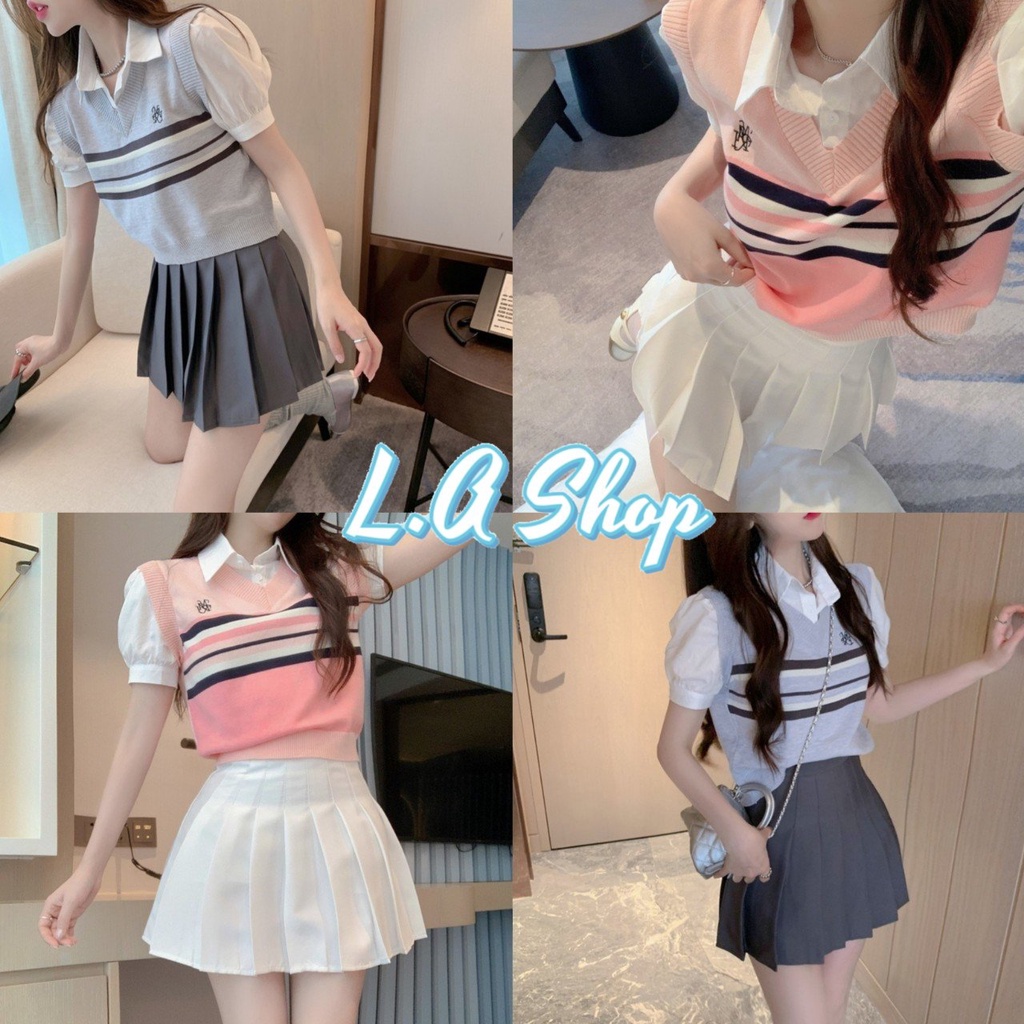 L.A Shop พร้อมส่ง เสื้อไหมพรมแขนสั้น ลายทางเล็กๆ คอปกเสื้อ2ชั้น  "99095"