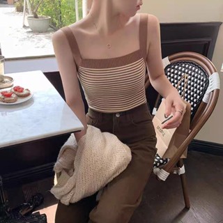 Shein🔥เสื้อแฟชั่นแขนกุดลายขวาง คอกลม ลายทาง เสื้อแขนกุด ผ้าเรยอนถัก 2896-2