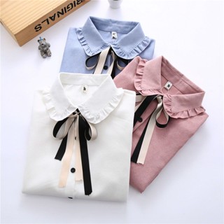 เสื้อแขนยาวสีขาว เสื้อเชิ้ตสีขาวผู้หญิง เสื้อสีขาว เสื้อสีดำ เสื้อสีดําผู้หญิง เสื้อแขนยาวสีดํา เสื้อเชิ้ต คอตุ๊กตา ประดับโบว์ แฟชั่นฤดูใบไม้ผลิ สไตล์ฮ่องกง สําหรับผู้หญิง 2023