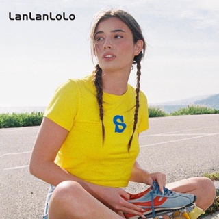 Lanlanlolo เสื้อยืดลําลอง แขนสั้น คอกลม พิมพ์ลาย สําหรับสตรี 2023