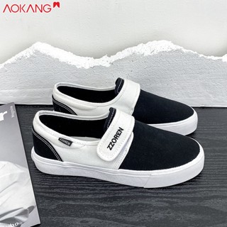 AOKANG ข้อต่อใหม่สีดําและสีขาวลื่นบนรองเท้าผู้หญิง Velcro รองเท้าผ้าใบนักเรียน