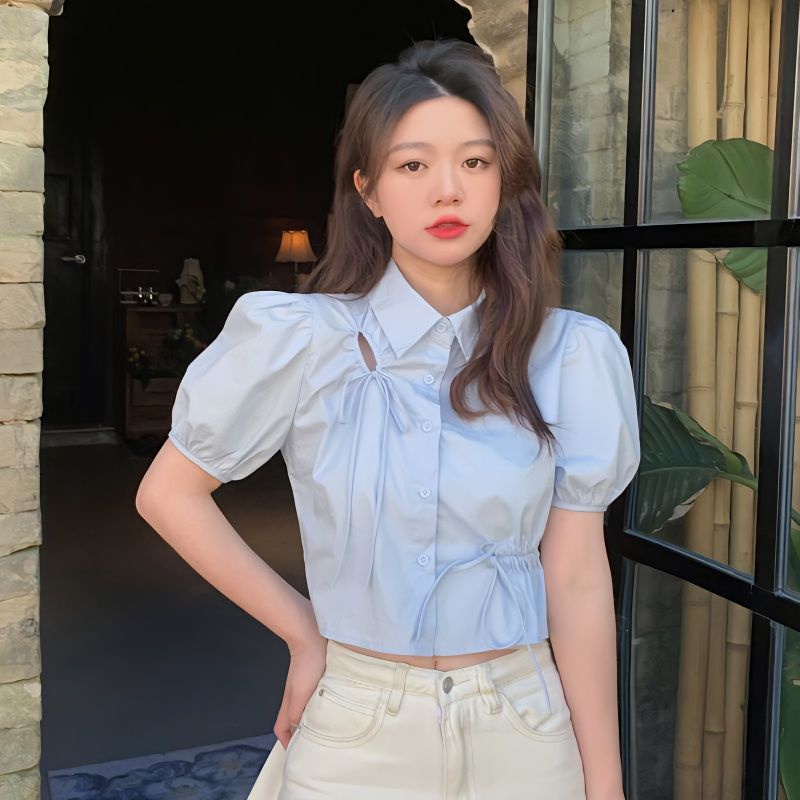 Gugu .L～เสื้อเชิ้ต สีทึบรุ่นสั้นเสื้อแขนสั้นฟอง เวอร์ชั่นเกาหลีเก๋ไก๋ระดับไฮเอนด์อ่อนโยนน่ารักเสื้อเชิ้ตมีปก#VL00389