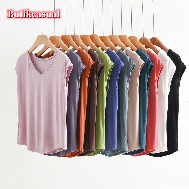 ผู้หญิง modal cotton top 2024 ฤดูร้อน Sleevless tops เสื้อยืดหลวม v คอ tshirt ผู้หญิงแฟชั่นเสื้อยืดลําลอง m-2xl