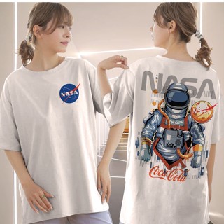 เสื้อยืดผ้าฝ้ายพิมพ์ลายUnisex T shirt NASA Oversized design astronaut Men Women White Tops tshirt