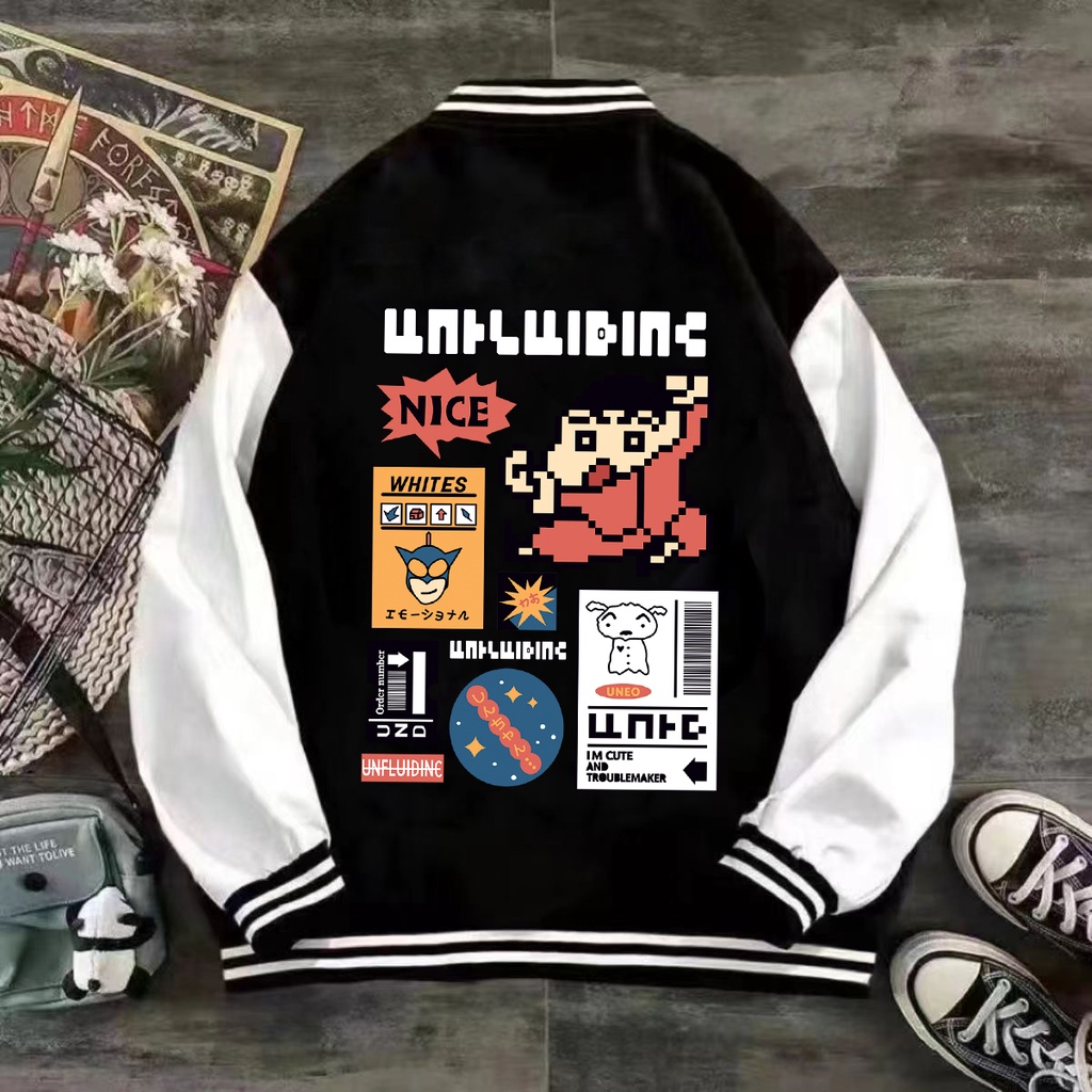 เสื้อแจ็กเก็ตเบสบอล แขนยาว ทรงหลวม ลายการ์ตูนชินจัง สไตล์เรโทร สําหรับผู้ชาย และผู้หญิง