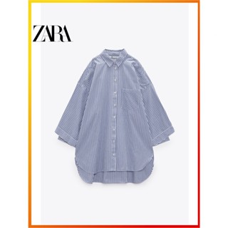 Zara ใหม่ เสื้อเชิ้ต คอปก ทรงหลวม ลายทาง สําหรับผู้หญิง 5216040 044