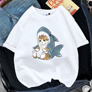 Kawaii เสื้อยืดลําลองแฟชั่น แขนสั้น พิมพ์ลายฉลาม แมวตลก ขนาดใหญ่ สีขาวดํา Y2K 90S