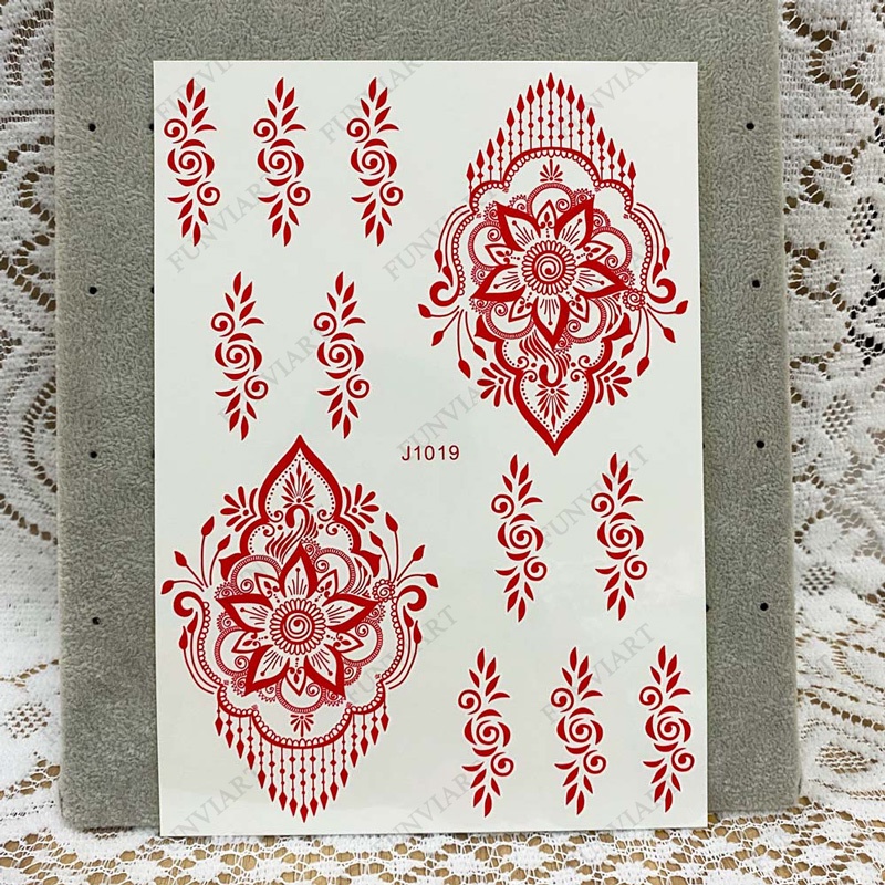 สติกเกอร์รอยสักชั่วคราว กันน้ํา ลายดอกไม้ Mandala Mehndi สีแดง สีขาว สําหรับผู้หญิง งานแต่งงาน งานเทศกาล