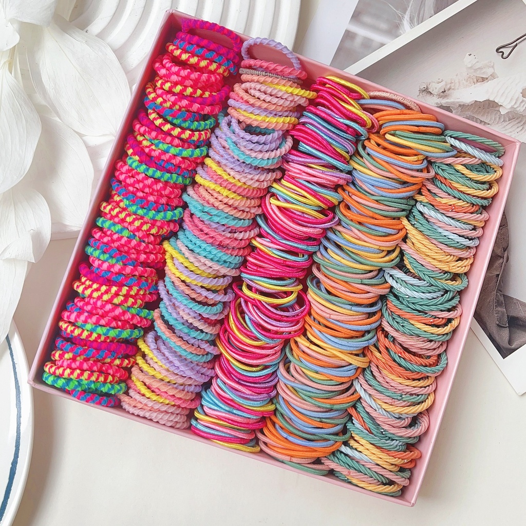 ยางรัดผมหางม้า แบบยืดหยุ่น สีแคนดี้ เครื่องประดับ สําหรับผู้หญิง 100 ชิ้น