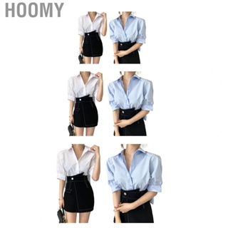 Hoomy Short Sleeve Top  Pleated Back Stylish Turn Down Collar Summer Shirt Breathable Button Up  for Work