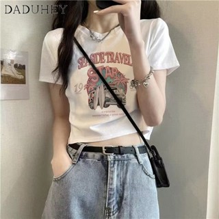 DaDuHey🎈 Summer New Retro Hot Girl Top Womens Design Sense Niche Short Short Sleeve T-shirt American Undershirt Crop Top