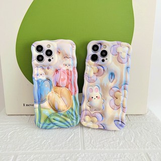 เคสโทรศัพท์มือถือ TPU กันกระแทก ลายดอกทิวลิป กระต่าย แต่งแสงสีฟ้า สําหรับ Apple IPhone 14 13 12 11 Pro Max