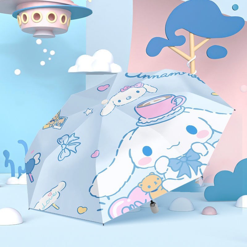 ร่มกันแดดอัตโนมัติ ป้องกันรังสีอัลตราไวโอเลต แบบพับได้ ลายการ์ตูน Sanrio Cinnamoroll Kuromi เหมาะกับการเดินทาง สําหรับผู้หญิง