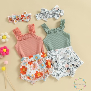 Babyclothes- ชุดรอมเปอร์ แขนกุด กางเกงขาสั้น พิมพ์ลายดอกไม้ และที่คาดผม แฟชั่นฤดูร้อน สําหรับเด็กผู้หญิง