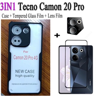 Tecno Camon 20 Pro 4G เคสกันกระแทก สําหรับ Tecno Camon 20 Pro 5g 3 in 1 อะคริลิคใส ขอบ TPU นิ่ม เคสไฮบริด และฟิล์มกระจกนิรภัย และฟิล์มเลนส์