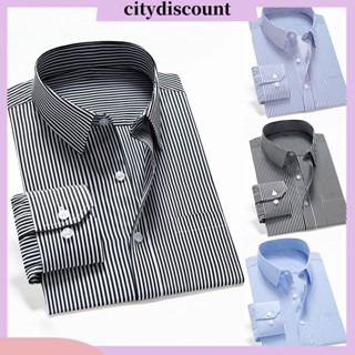 &lt;citydiscount&gt; เสื้อเชิ้ตทางการ ลายทาง กระดุมแถวเดียว คอปก เข้ารูป สไตล์นักธุรกิจ สําหรับทํางาน