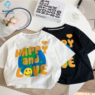 ✨ พร้อมส่ง เสื้อยืดแขนสั้น ผ้าฝ้าย พิมพ์ลายตัวอักษรหน้ายิ้มน่ารัก สไตล์เกาหลี แฟชั่นฤดูร้อน สําหรับเด็กผู้ชาย อายุ 1-5 ปี