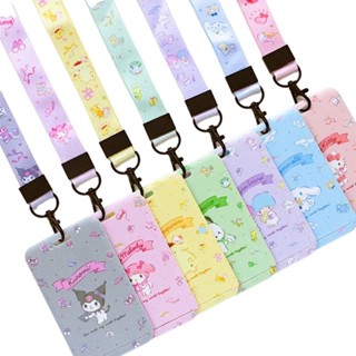 SANRIO กระเป๋าใส่บัตร PVC ป้องกันการสูญหาย ลายการ์ตูน Hello Kitty Kulomi Melody พร้อมสายคล้องคอ สําหรับนักเรียน