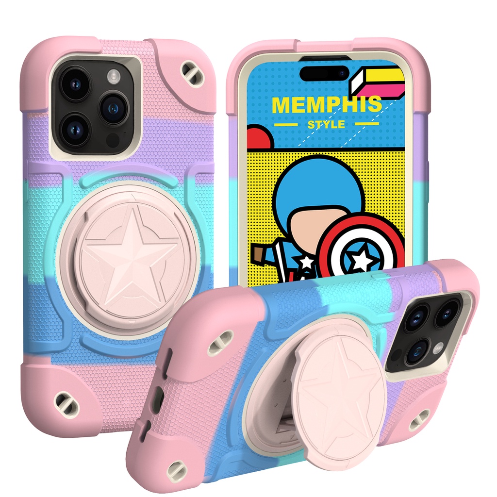 4 In 1 เคสโทรศัพท์มือถือ ยางซิลิโคน หนา กันกระแทก ลายพราง สีชมพู พร้อมเชือกคล้อง ตั้งได้ สําหรับ Iphone 14 15 13 12 Pro Max