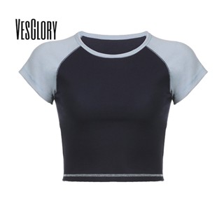 Vesglory เสื้อครอปท็อปลําลอง คอกลม แขนสั้น เข้ารูป สีตัดกัน เข้ากับทุกการแต่งกาย สําหรับสตรี 2023