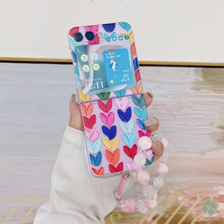 เคสโทรศัพท์มือถือ PC แข็ง แบบใส กันกระแทก ประดับลูกปัด รูปหัวใจ 3D พร้อมสายคล้องมือ สําหรับ Samsung Galaxy Z Flip 4 Z Flip 5 Z Flip 3