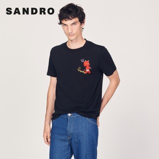 Sandro เสื้อยืดแขนสั้น คอกลม ทรงหลวม พิมพ์ลาย สีดํา แฟชั่นสําหรับผู้ชาย SHPTS01178