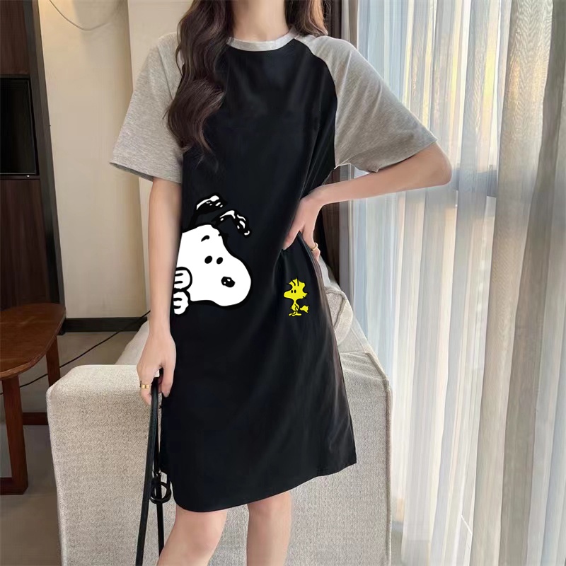 ชุดเดรสแขนสั้นลําลอง พิมพ์ลายการ์ตูน ทรงหลวม แบบเรียบง่าย แฟชั่นฤดูร้อน สไตล์เกาหลี