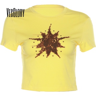 Vesglory เสื้อครอปท็อป คอกลม แขนสั้น พิมพ์ลาย สีตัดกัน สไตล์สตรีท สําหรับผู้หญิง 2023