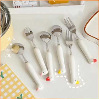 Creative Cute Goose Head Tableware Set 2pcs Portable Ceramic Handle Stainless Steel Spoon Fork-FE