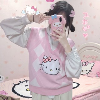 Sanrio Kawaii Hello Kitty เสื้อกล้ามแขนกุด คอวี ผ้าฝ้ายถัก ลายการ์ตูนน่ารัก แฟชั่นฤดูร้อน สําหรับเด็กผู้หญิง Y2K