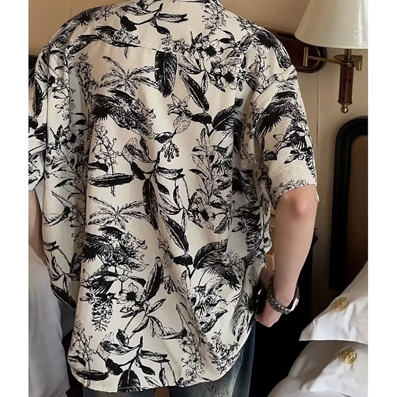 HANLU เสื้อพิมพ์ลายหมึกสไตล์ฮ่องกงชายแขนสั้นชายเสื้อลายไทยลายดอกไม้ thumbnail 4