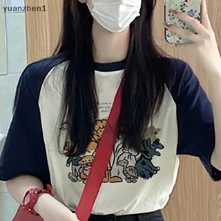 Yuan เสื้อยืดลําลอง แขนสั้น คอกลม พิมพ์ลายการ์ตูน ทรงหลวม แฟชั่นฤดูร้อน สําหรับสตรี ZHN