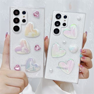 เคสโทรศัพท์มือถือแบบนิ่ม ใส ลายหัวใจ กลิตเตอร์ 3D สําหรับ Samsung Galaxy S23 S22 Ultra S21 S20 FE Plus A54 A34 A14 A53 A52 A23 5G