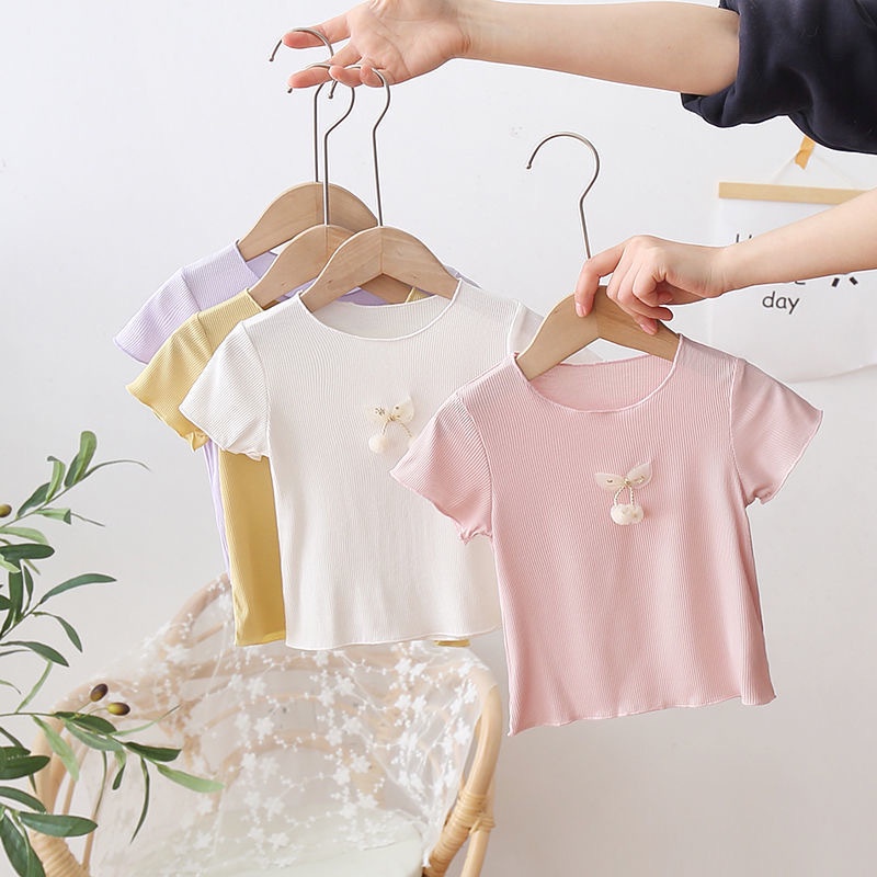 [ML] เสื้อยืดแขนสั้น ผ้าเรยอน ระบายอากาศ สีพื้น เข้ากับทุกการแต่งกาย แฟชั่นฤดูร้อน สําหรับเด็กผู้หญิง 90-140 ซม.