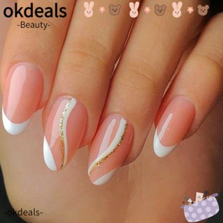 OKDEALS เล็บปลอม แบบเต็มรูปแบบ สีขาว สีทอง จํานวน 24 ชิ้น