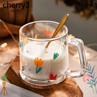 Cherry3 แก้วน้ําใส ทนความร้อน พิมพ์ลายดอกไม้ พร้อมหูจับ 350 มล. สําหรับบ้าน ออฟฟิศ