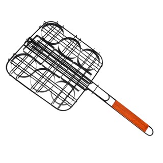 Outdoor Wooden Handle Picnic Durable Vegetable Non Stick Easy Clean Multi Compartment For Hamburger Meat Barbecue Basket