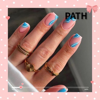 Path เล็บปลอม ทรงสี่เหลี่ยม สีขาว สีฟ้า สไตล์ฝรั่งเศส 24 ชิ้น