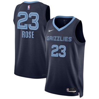 【คุณภาพสูง】ใหม่ ของแท้ NBA Memphis Grizzlies สําหรับผู้ชาย #23 เสื้อกีฬาแขนสั้น ลายทีม Derrick Rose Jersey Icon Edition Deep Blue Swingman ระบายความร้อน