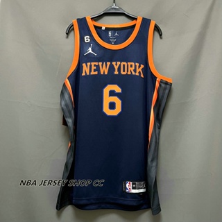 【คุณภาพสูง】ใหม่ ของแท้ NBA 2022-23 New York Knicks สําหรับผู้ชาย #6 เสื้อกีฬาแขนสั้น ลายทีมกองทัพเรือ Quentin Grimes Statement Edition