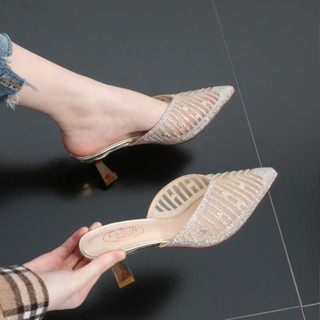 ♚Keshan Store [Fashion Summer] Shoes New Sandals and Slippers Womens Summer Fashion Outer Wear New Mesh Breathable Baotou Half Slippers Western Style Thin Heel Womens Shoes