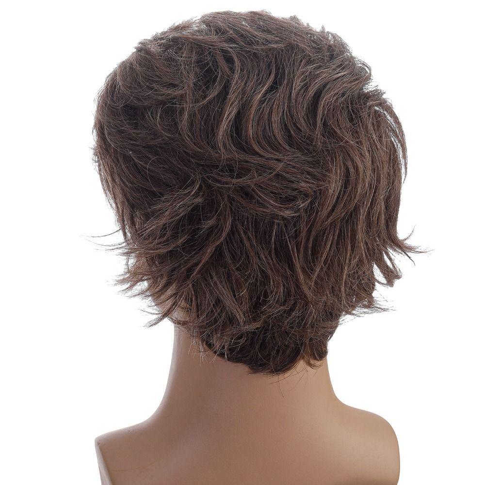 Angryswift สั้นหยักวิกผมผู้ชาย,สีน้ําตาลปุยวิกผมสังเคราะห์หยิก, Fasion ด้านข้างส่วนธรรมชาติที่มองไม่เห็นแฟชั่นชายวิกผม Retro คอสเพลย์