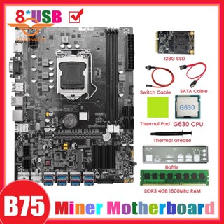 B75 8GPU เมนบอร์ดสีดํา + G630 CPU + DDR3 4GB 1600Mhz RAM + 128G SSD LGA1155 รองรับ 2XDDR3 B75 8USB Minerboard