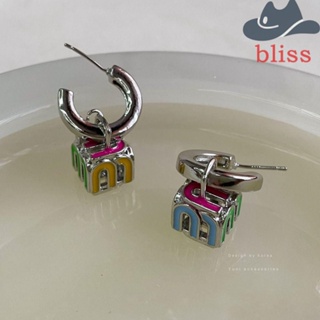 Bliss M ต่างหูสตั๊ด ประดับเพทาย ทรงสี่เหลี่ยม หลากสี สไตล์วินเทจ