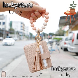 Lucky กระเป๋าใส่บัตร สายรัดข้อมือ หนัง PU กําไลข้อมือ ที่ใส่บัตร ลําลอง ซิลิโคน ลูกปัด การ์ด ผู้หญิง