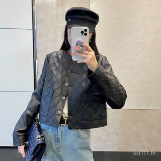 [New autumn] genuine leather sheepskin embroidered rhombus leather coat for women Design slimming leather jacket short 2023 Spring and Autumn New P6XG