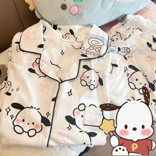 Kawaii Sanrio Pochacco Cinnamoroll Pom Pom Purin ชุดนอนลําลอง แขนยาว กางเกงขายาว ทรงหลวม พิมพ์ลายการ์ตูนน่ารัก แฟชั่นฤดูใบไม้ผลิ ฤดูร้อน สําหรับผู้หญิง [GM]