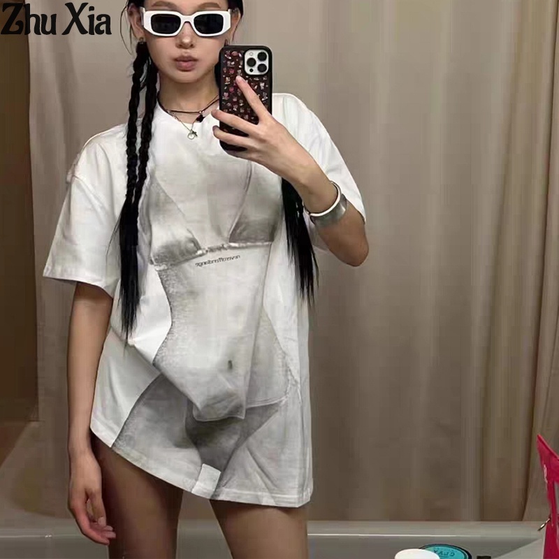 Zhu Xia เสื้อยืด แขนสั้น ซีทรู พิมพ์ลายบิกินี่ ทรงหลวม สีขาว แฟชั่นฤดูร้อน สไตล์ยุโรป และอเมริกา สําหรับผู้หญิง
